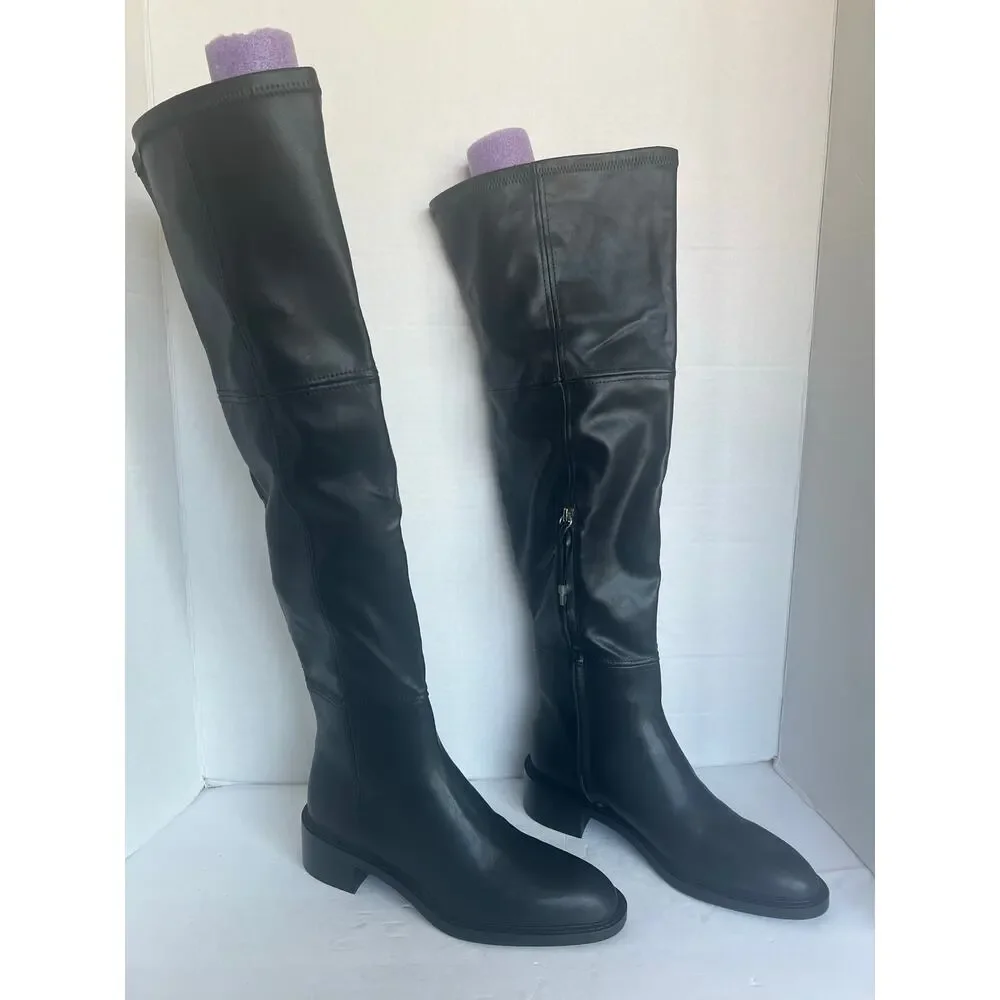NWT Zara Tall Over The Knee Black Vegan Leather Square‎ Toe Pull On Boots Sz 9